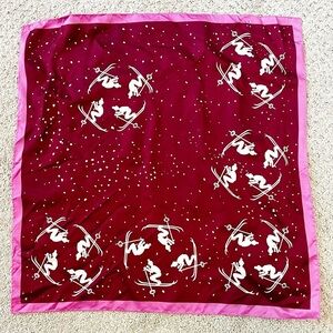 Vintage Burgundy Silk Scarf Women Skiing Winter Sports Retro White Pink Classic